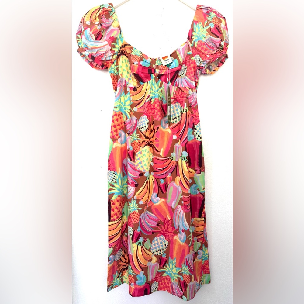 NWT FARM Rio Fruit Salad MIDI Dress Fruit Print with Puff Sleeves Size Large - Picture 15 of 16